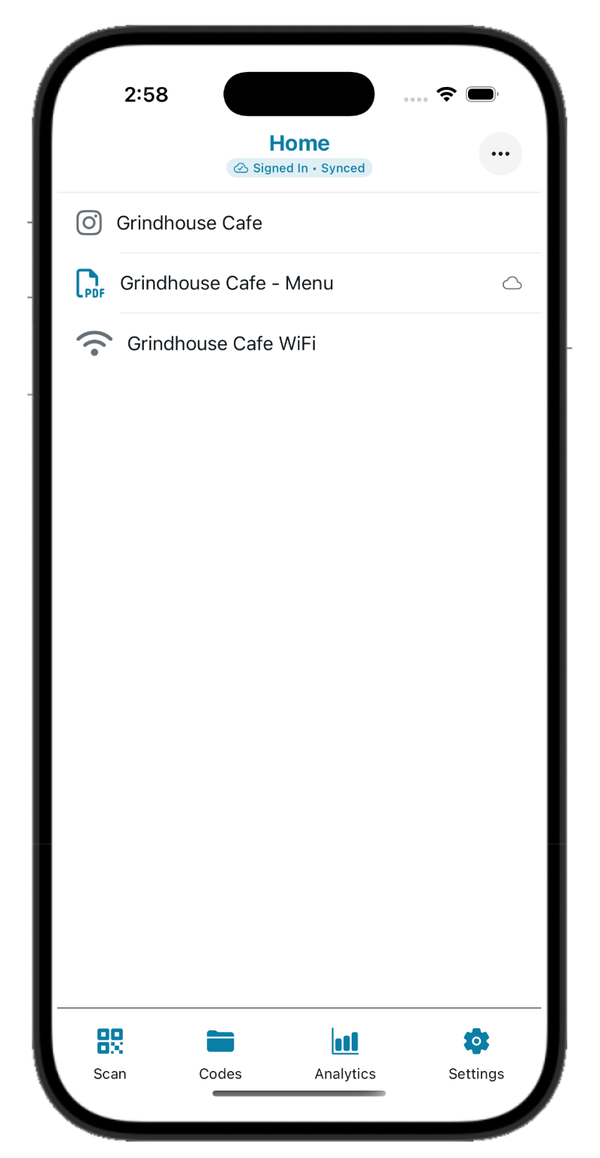All your QR codes in one place — home screen with codes listed and sync status