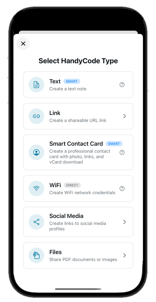 Choose what your QR does — type selection screen showing Text, Link, Contact Card, WiFi, Social, and Files