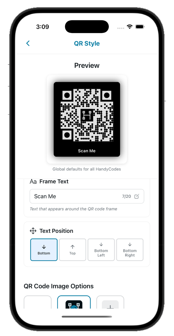 Customize how your QR looks — QR style editor with frame text, position, and image options
