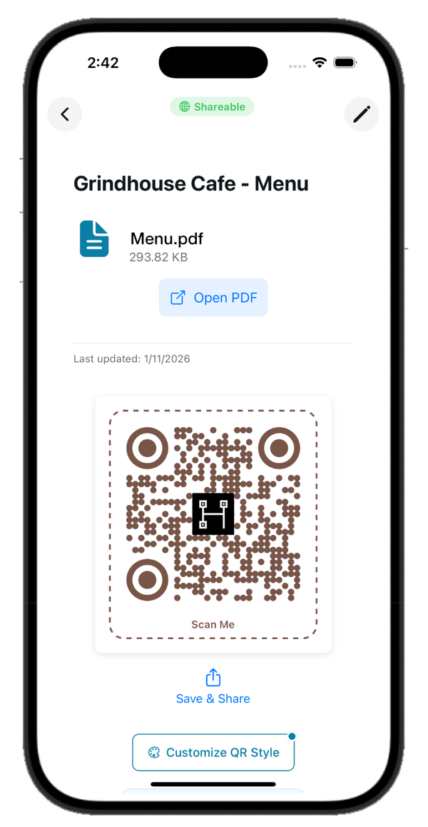 Create a QR for your menu in seconds — PDF menu code with shareable badge and custom QR