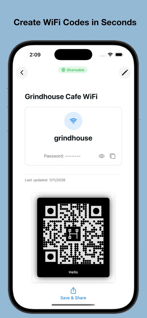 Create WiFi codes in seconds — WiFi credential QR code with network and password